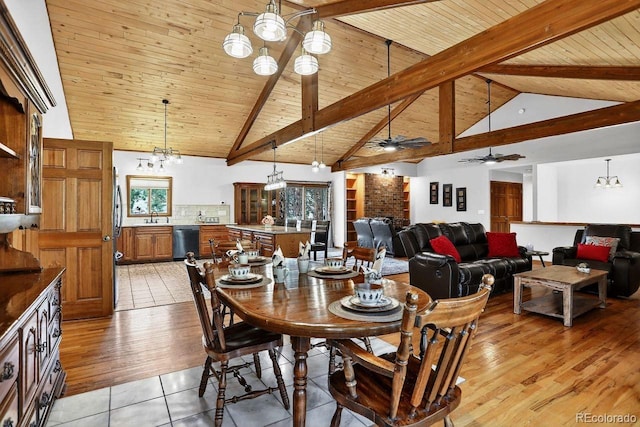 1539 Bluebird Dr, Bailey, CO 80421 - dining space featuring a chandelier, a ceiling fan, a wooden ceiling with exposed beams, high vaulted ceiling, and light tile patterned flooring