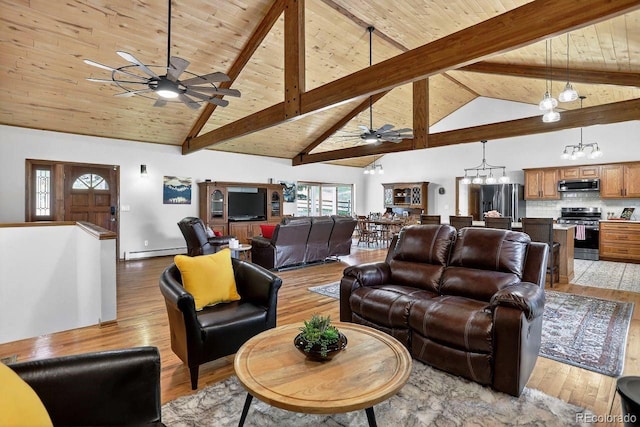 1539 Bluebird Dr, Bailey, CO 80421 - living area featuring ceiling fan, baseboard heating, light wood-style flooring, a wooden ceiling with exposed beams, and high vaulted ceiling