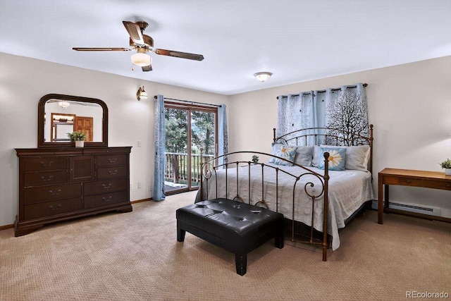 1539 Bluebird Dr, Bailey, CO 80421 - bedroom with access to exterior, light carpet, baseboard heating, and ceiling fan