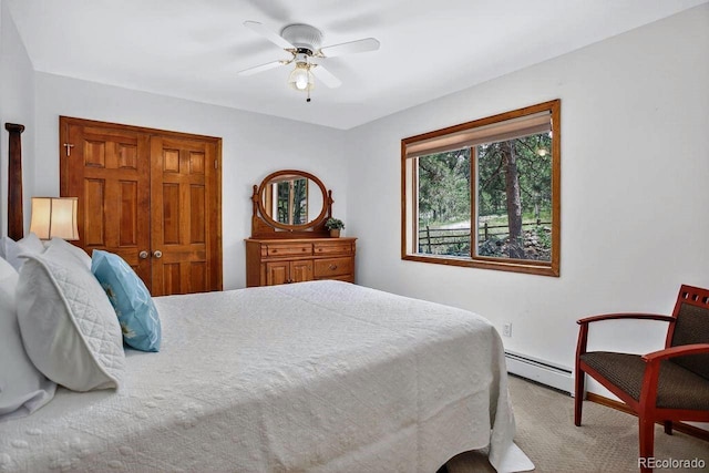 1539 Bluebird Dr, Bailey, CO 80421 - bedroom with a baseboard radiator, carpet floors, and a ceiling fan