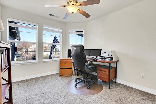 office area with visible vents, ceiling fan, and baseboards