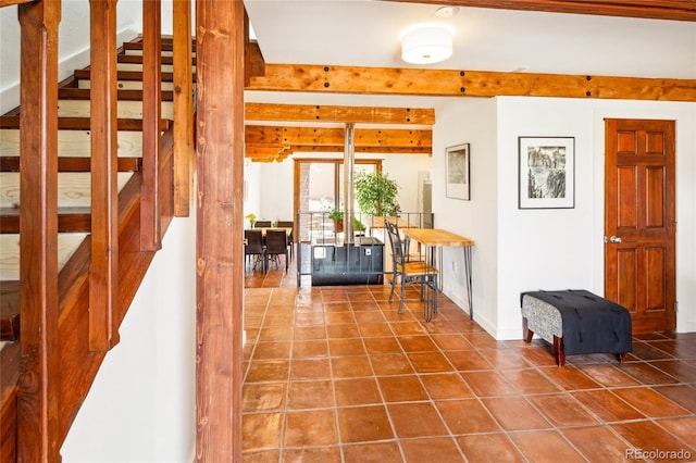 11 Baca Mdws, Moffat, CO 81131 - hall with stairs, beamed ceiling, and tile patterned flooring