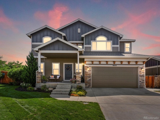 6832 Sequoia St, Frederick, CO 80530 - craftsman-style house with a porch, stone siding, board and batten siding, and driveway
