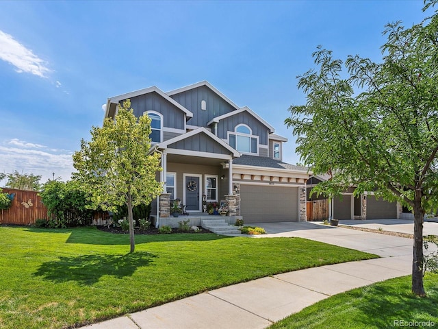 6832 Sequoia St, Frederick, CO 80530 - craftsman-style house featuring a garage, board and batten siding, driveway, and stone siding