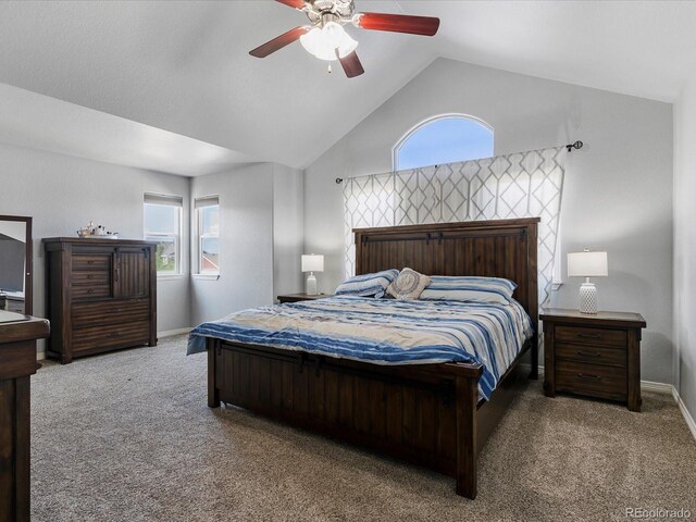 6832 Sequoia St, Frederick, CO 80530 - bedroom featuring carpet floors, vaulted ceiling, and ceiling fan
