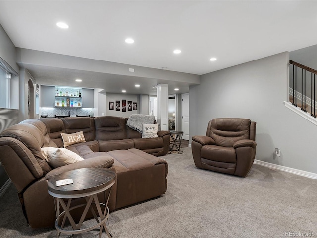 6832 Sequoia St, Frederick, CO 80530 - living room with carpet floors, recessed lighting, bar, and stairs