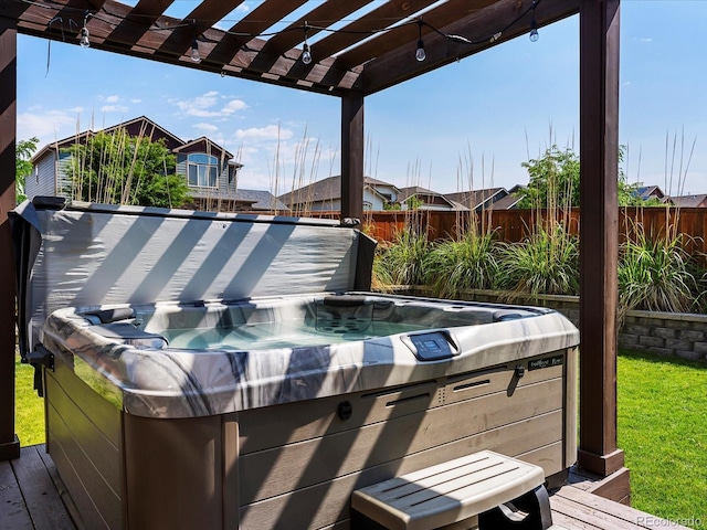 6832 Sequoia St, Frederick, CO 80530 - wooden terrace featuring a hot tub and a pergola
