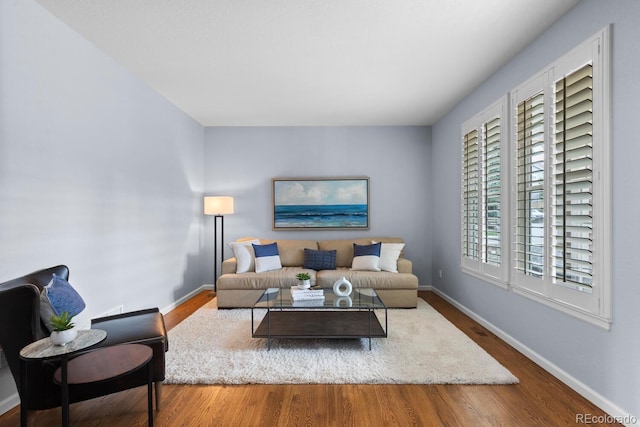 living room with baseboards and wood finished floors