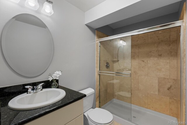 full bath featuring vanity, toilet, and a shower stall