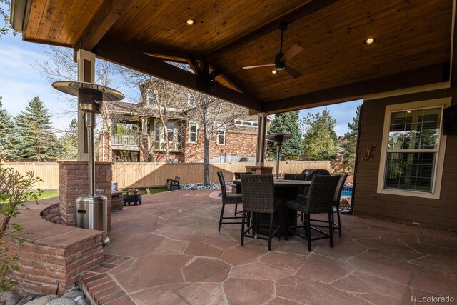 view of patio with a fenced backyard, outdoor dining area, and ceiling fan