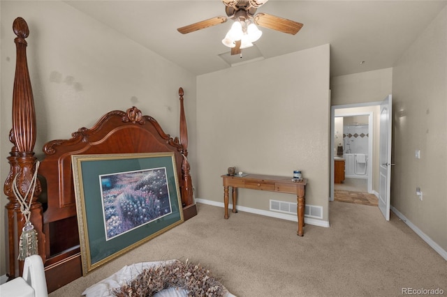 carpeted bedroom featuring ceiling fan