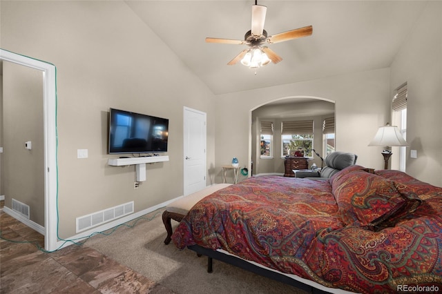 bedroom with ceiling fan and lofted ceiling