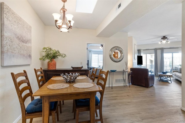 1816 Montura Vw Unit 204, Colorado Springs, CO 80919 - dining space featuring ceiling fan with notable chandelier, light wood finished floors, baseboards, and visible vents