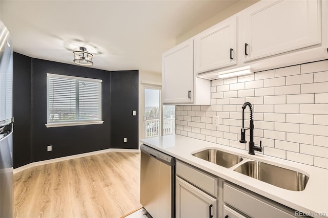 3200 S Federal Blvd Unit 5, Denver, CO 80236 - kitchen with stainless steel dishwasher, light countertops, backsplash, light wood finished floors, and white cabinets