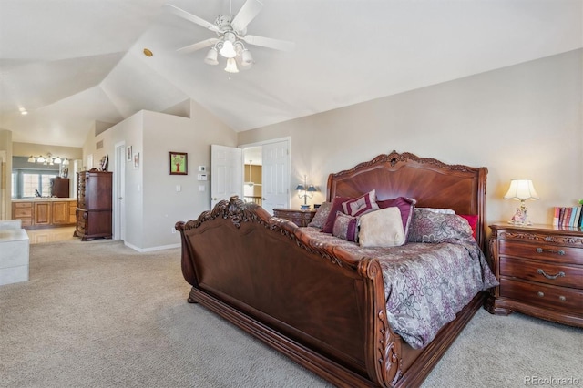 bedroom with ceiling fan, light colored carpet, and vaulted ceiling