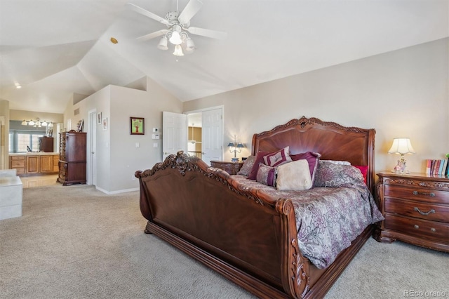10834 Bobcat Ter, Lone Tree, CO 80124 - carpeted bedroom featuring lofted ceiling, connected bathroom, and a ceiling fan