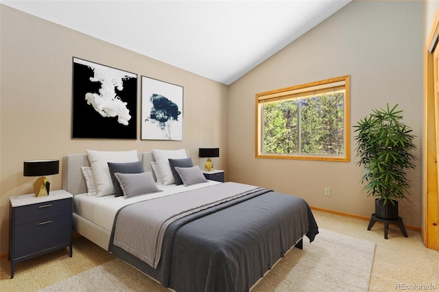 bedroom featuring light carpet, baseboards, and vaulted ceiling