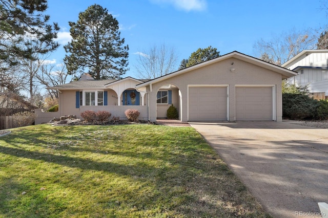 ranch-style home with covered porch and a front lawn