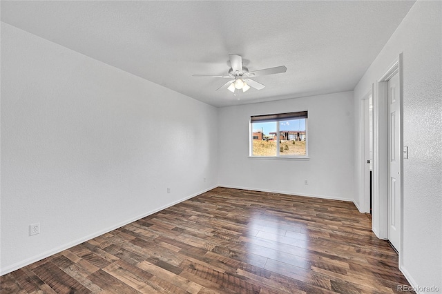 unfurnished bedroom with baseboards, a textured ceiling, a ceiling fan, and hardwood / wood-style flooring