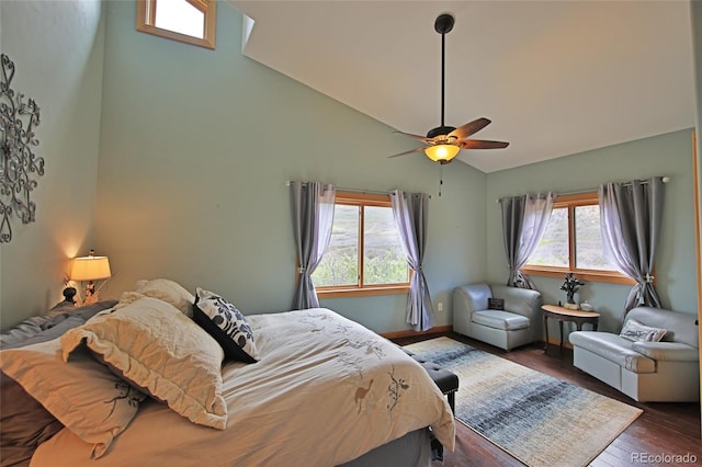 53315 Bull Basin Rd, Mesa, CO 81643 - bedroom with high vaulted ceiling, wood finished floors, a ceiling fan, and baseboards