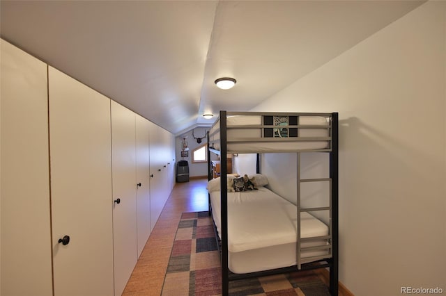 53315 Bull Basin Rd, Mesa, CO 81643 - bedroom featuring vaulted ceiling, dark wood-style floors, and baseboards