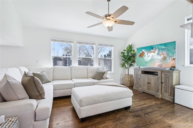 3974 Cambridge Ave, Broomfield, CO 80020 - living room featuring dark wood finished floors, vaulted ceiling, and ceiling fan