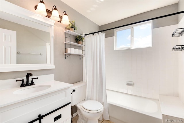 full bathroom with vanity, toilet, and shower / bathtub combination with curtain