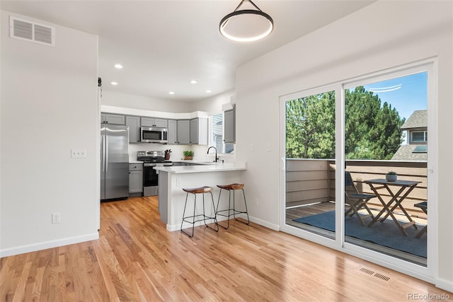 7600 W Coal Mine Ave Unit B, Littleton, CO 80123 - kitchen featuring stainless steel appliances, gray cabinets, a peninsula, a kitchen bar, and light wood-style flooring