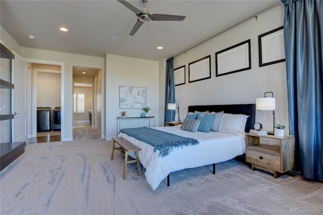 carpeted bedroom featuring ceiling fan