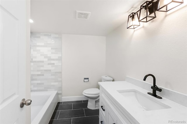 full bath with visible vents, toilet, tile patterned flooring, baseboards, and vanity