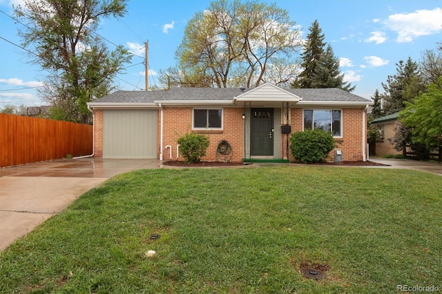 ranch-style house featuring driveway, brick siding, and a garage