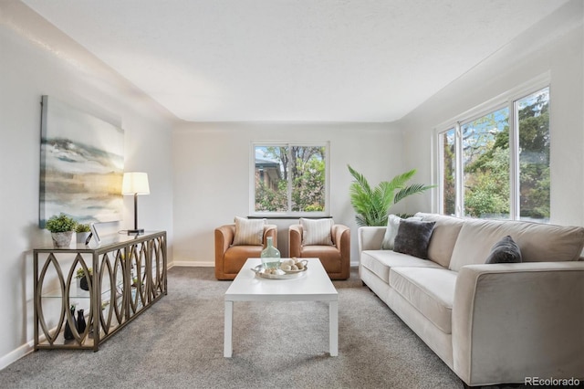carpeted living area featuring plenty of natural light and baseboards