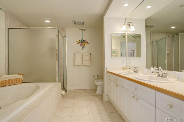 full bathroom featuring vanity, separate shower and tub, a chandelier, tile patterned floors, and toilet