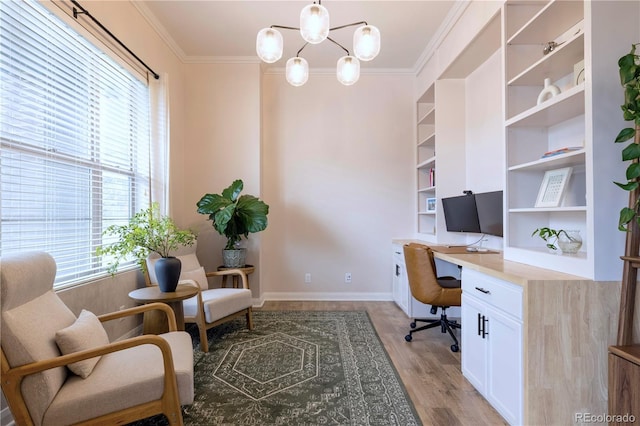 6682 Osage St, Denver, CO 80221 - office with ornamental molding, plenty of natural light, a chandelier, light wood finished floors, and baseboards
