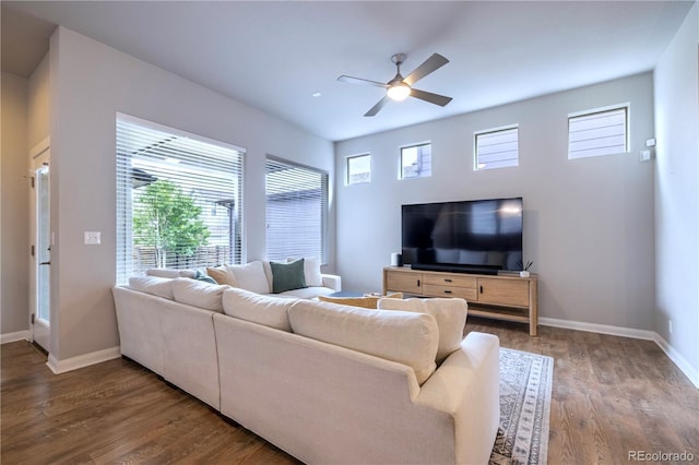 6682 Osage St, Denver, CO 80221 - living room featuring a ceiling fan, baseboards, and wood finished floors
