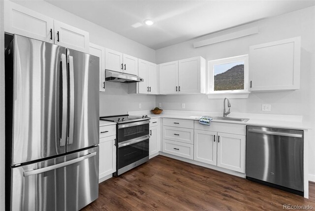 585 N Railroad St, Buena Vista, CO 81211 - kitchen featuring stainless steel appliances, under cabinet range hood, light countertops, white cabinets, and dark wood-type flooring