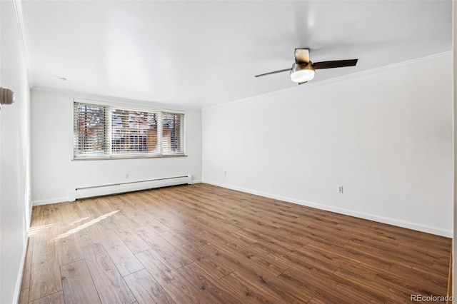 unfurnished room with hardwood / wood-style floors, ornamental molding, ceiling fan, and baseboard heating