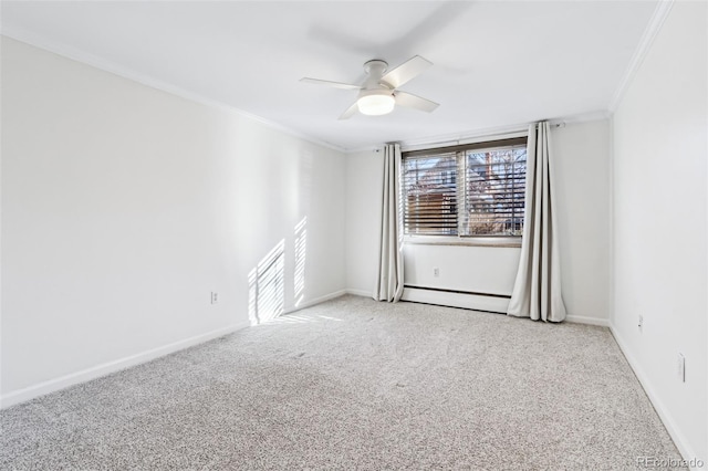 carpeted spare room with crown molding, ceiling fan, and baseboard heating