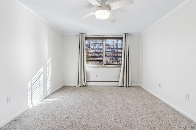 carpeted spare room with ceiling fan, ornamental molding, and a baseboard heating unit