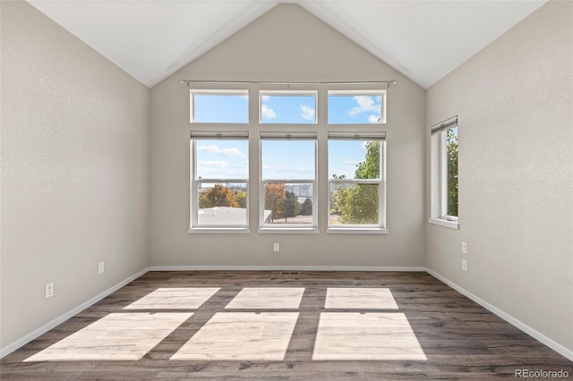 unfurnished room featuring dark wood-type flooring and high vaulted ceiling