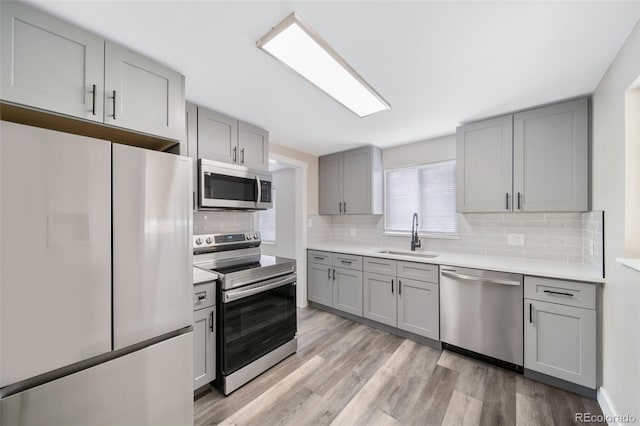 kitchen featuring sink, light hardwood / wood-style flooring, gray cabinets, stainless steel appliances, and tasteful backsplash