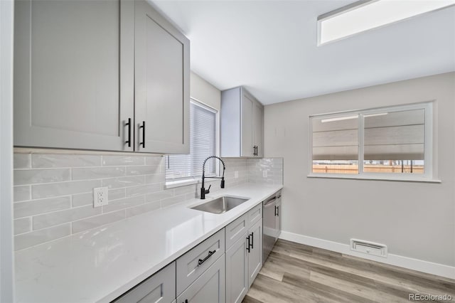 kitchen featuring tasteful backsplash, gray cabinets, dishwasher, and sink