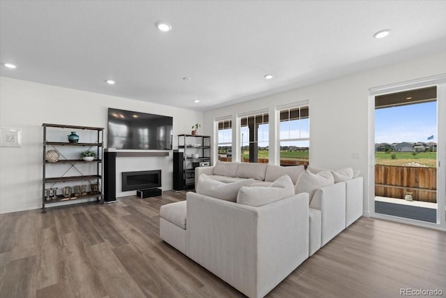 14601 Hudson St, Thornton, CO 80602 - living room with wood finished floors, recessed lighting, and a fireplace