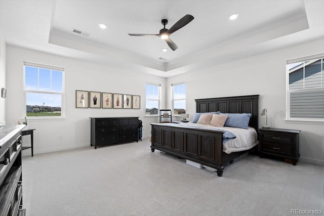 14601 Hudson St, Thornton, CO 80602 - bedroom with a raised ceiling, light carpet, ornamental molding, recessed lighting, and a ceiling fan