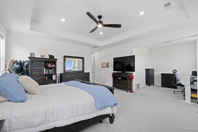 14601 Hudson St, Thornton, CO 80602 - carpeted bedroom with a tray ceiling, crown molding, recessed lighting, and ceiling fan