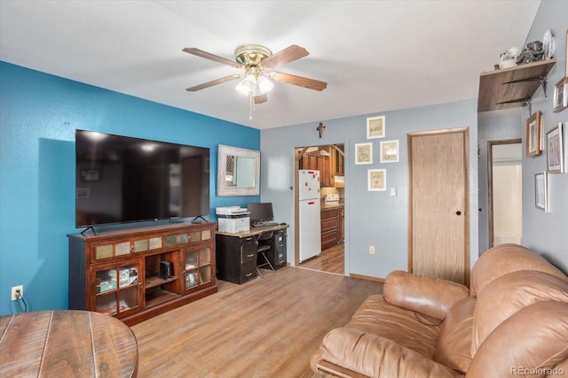 living room with ceiling fan and light hardwood / wood-style floors