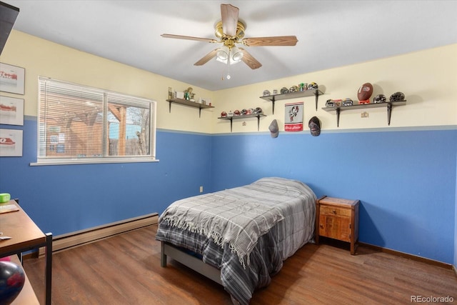 bedroom with dark hardwood / wood-style flooring, ceiling fan, and baseboard heating