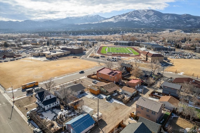 drone / aerial view featuring a mountain view