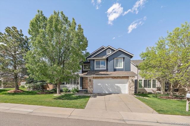 10610 Winterflower Way, Parker, CO 80134 - view of front of home with concrete driveway, stone siding, a garage, and a front lawn