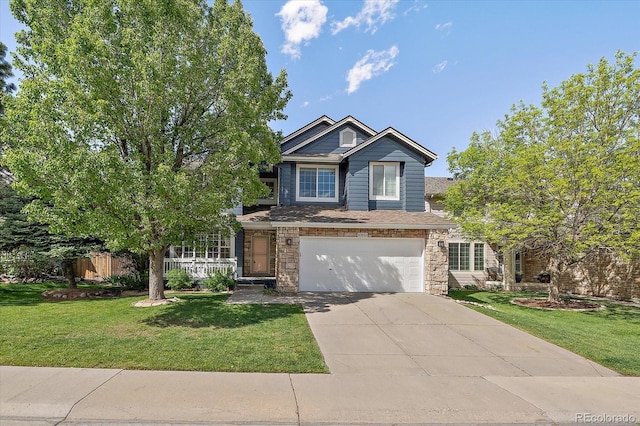10610 Winterflower Way, Parker, CO 80134 - view of front of home with driveway, an attached garage, a front lawn, and stone siding